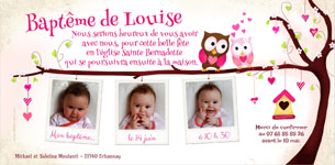 Carte invitation bapteme Chouette et Hibou